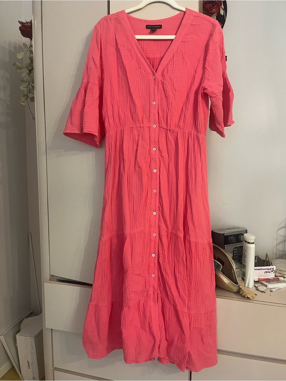 Saks Fifth Avenue Coral Button-Front V-Neck Midi Dress